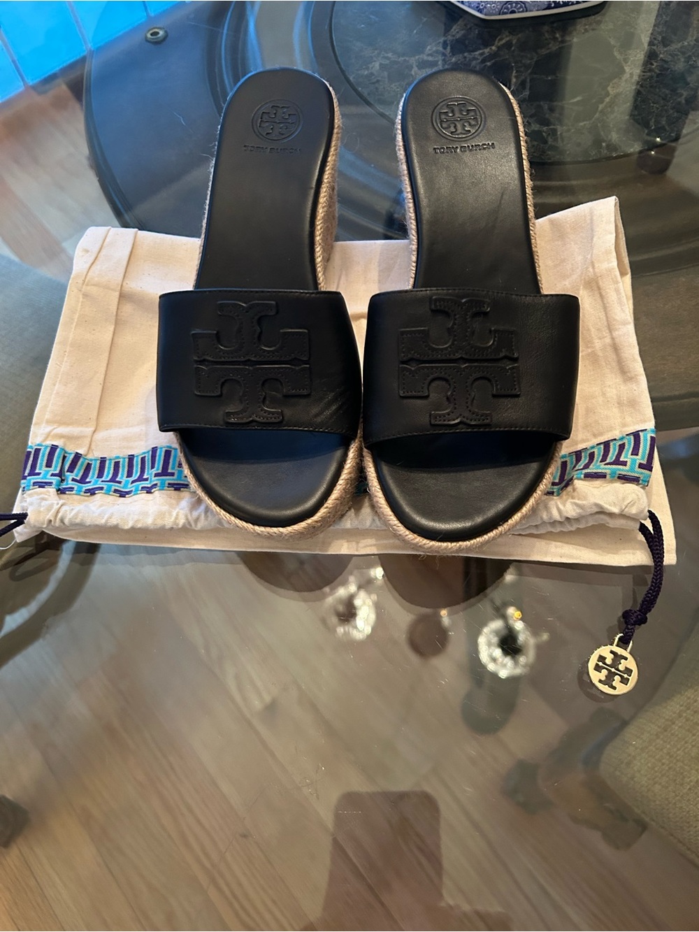 Tory Burch Black Leather Espadrille Slide Mules 6.5